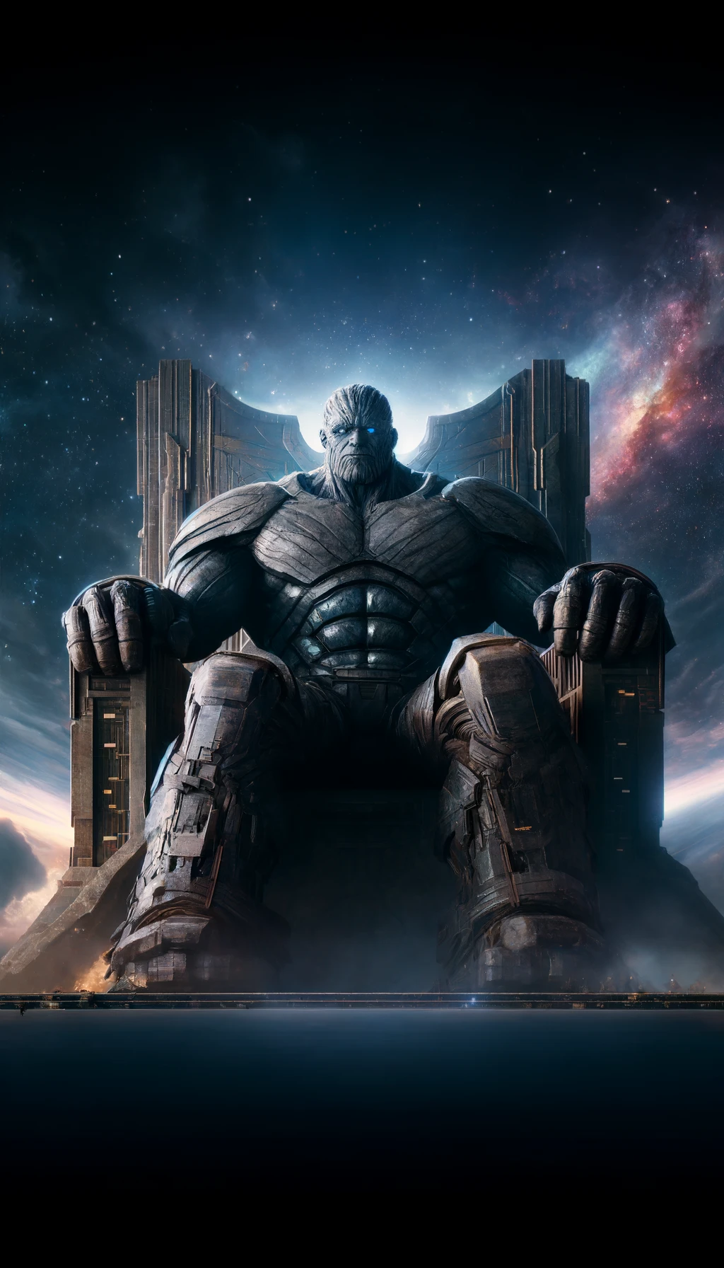 DALL·E 2024 05 21 20.31.12 A colossally imposing figure named La Gran G with the same face as the provided image seated on a stone throne in the infinite space. The figure has