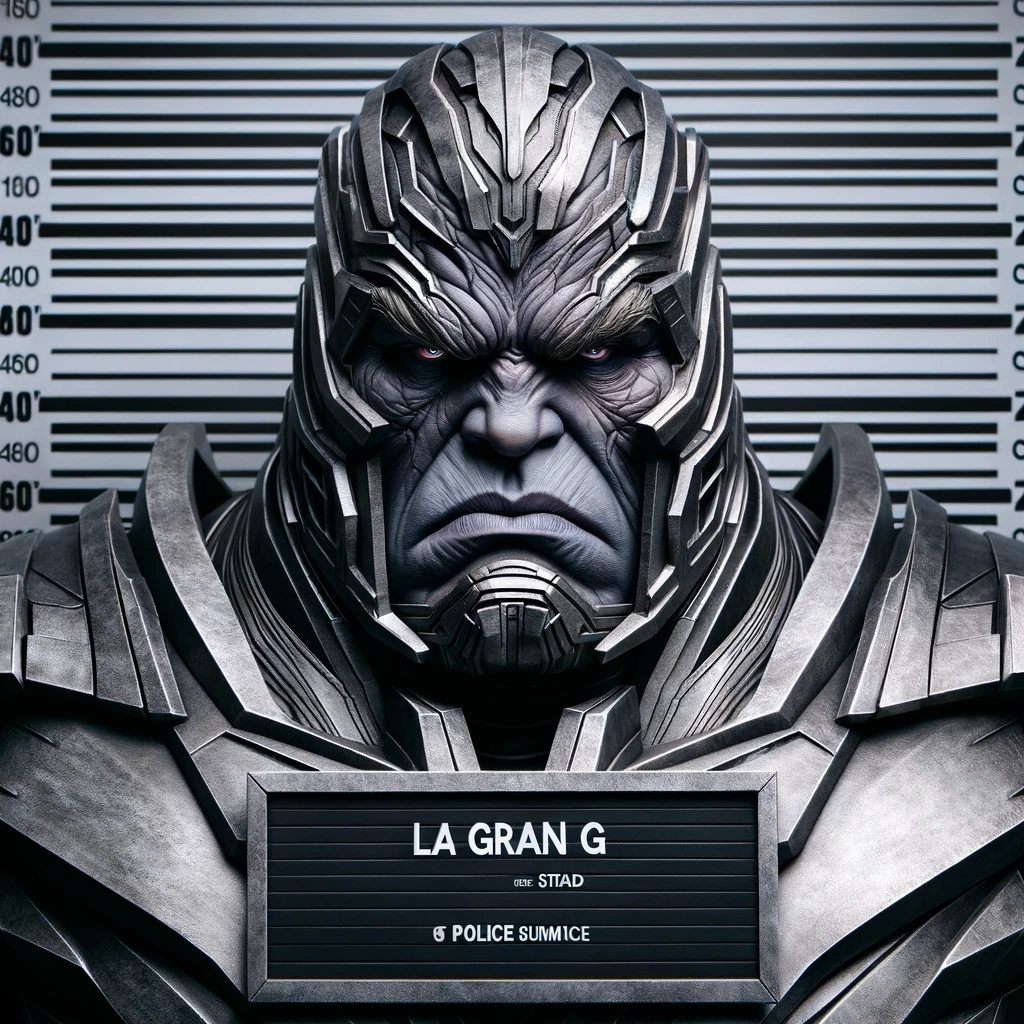 DALL·E 2024 05 21 20.43.34 A colossal and imposing figure named La Gran G with a stern and stoic expression. He is positioned as if being photographed for a police mugshot wit